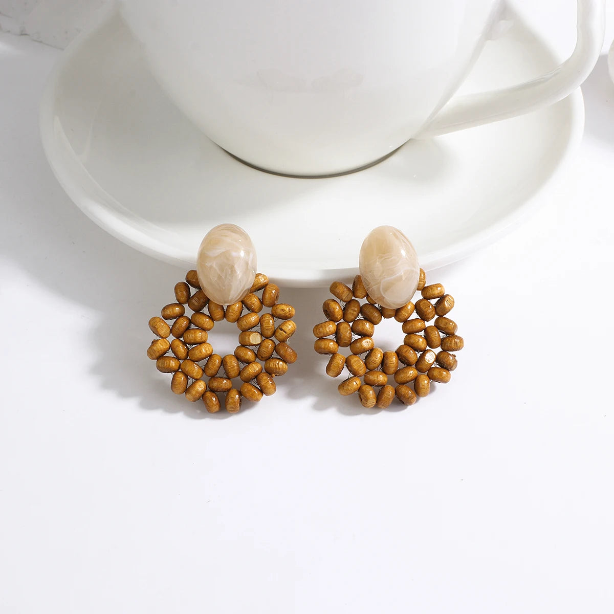 AENSOA Boho Handmade Geometric Wooden Drop Earrings