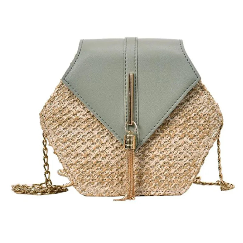 Hexagon Straw+leather Handbag