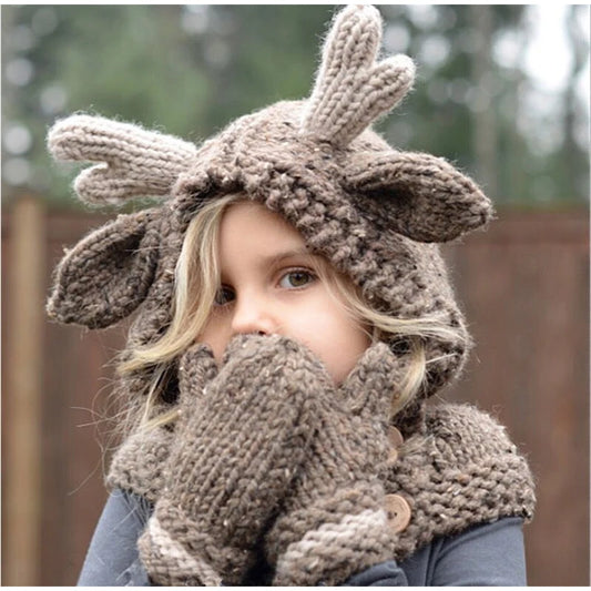 Girls Knitted Poncho Shawl Cape Cardigan With Gloves