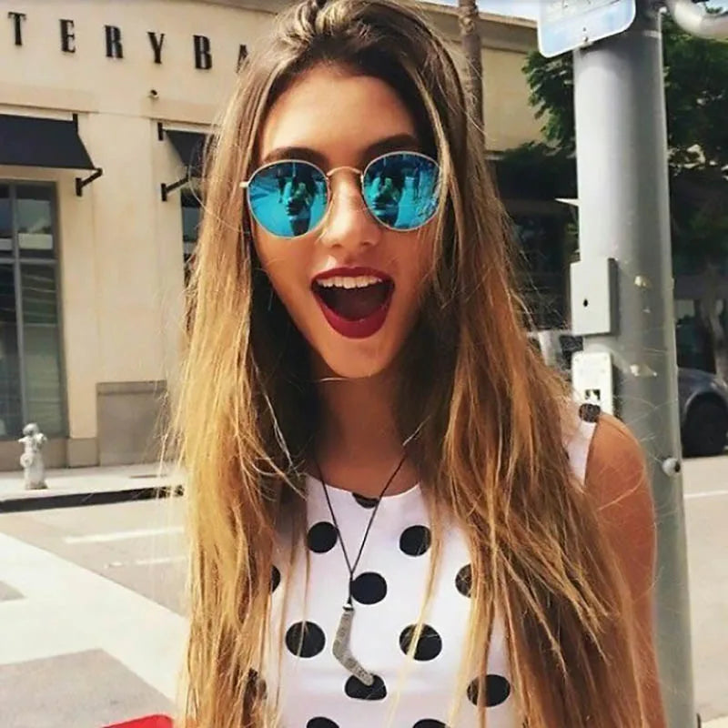 Blue Mirror Round Sunglasses For Women UV400
