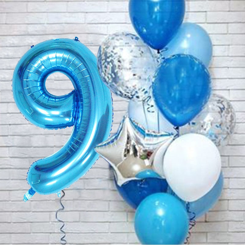 12Pcs/set Blue Number Foil Latex Balloons