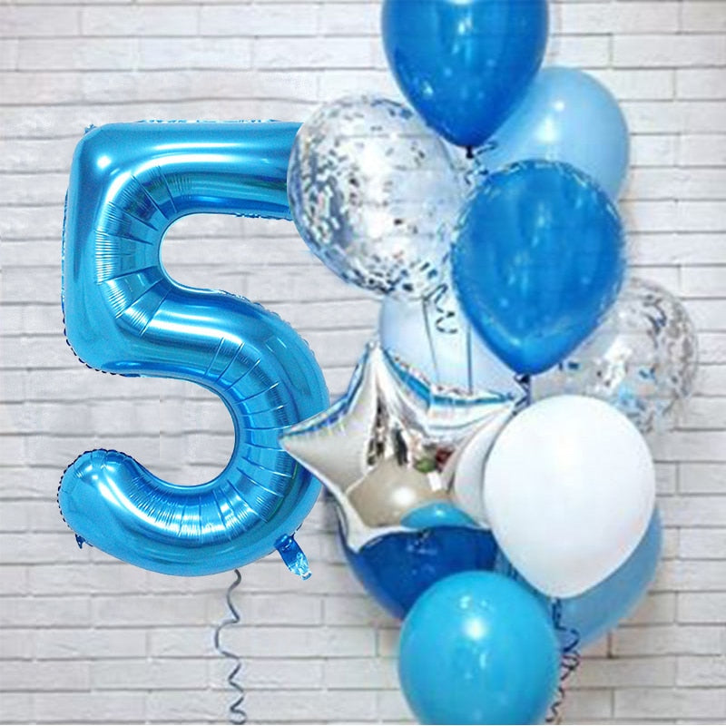 12Pcs/set Blue Number Foil Latex Balloons