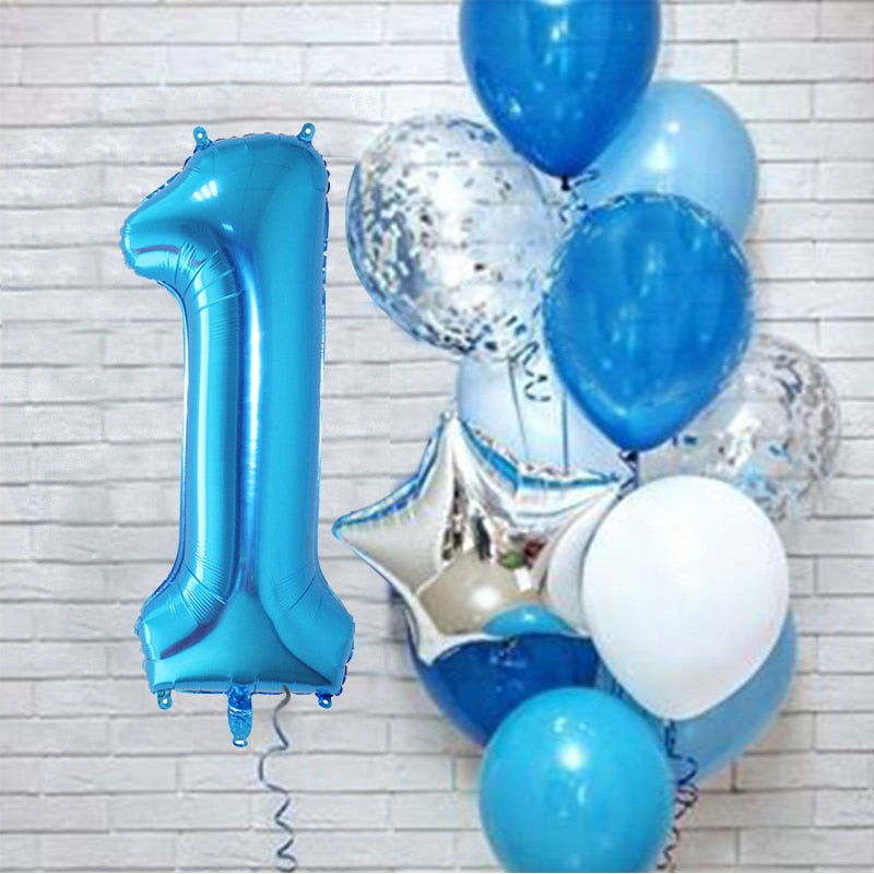 12Pcs/set Blue Number Foil Latex Balloons