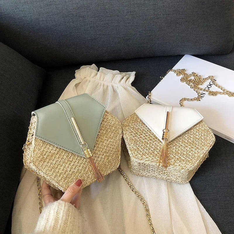 Hexagon Straw+leather Handbag