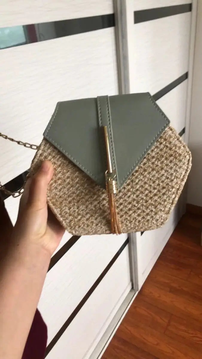 Hexagon Straw+leather Handbag