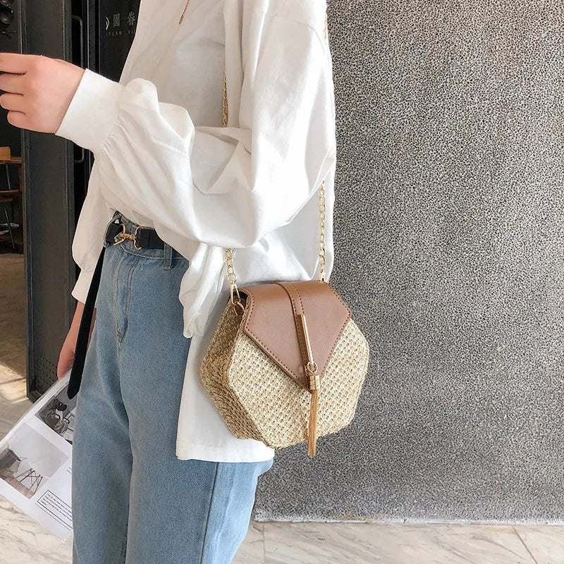 Hexagon Straw+leather Handbag