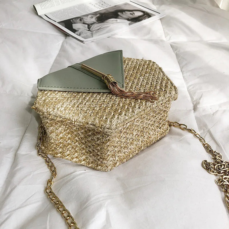 Hexagon Straw+leather Handbag