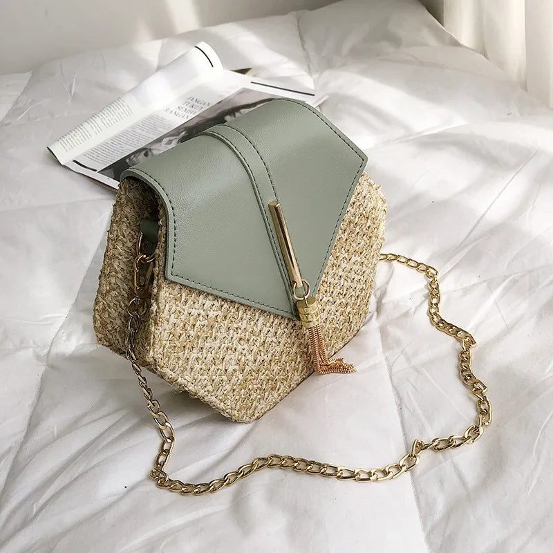 Hexagon Straw+leather Handbag