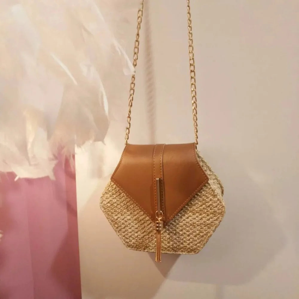 Hexagon Straw+leather Handbag