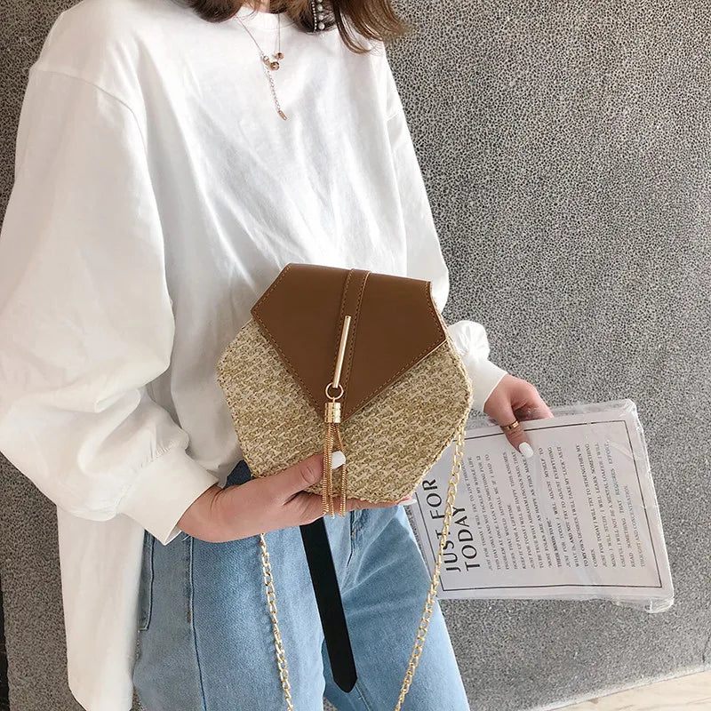 Hexagon Straw+leather Handbag