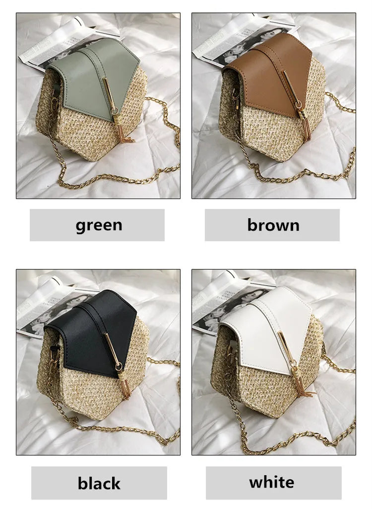 Hexagon Straw+leather Handbag