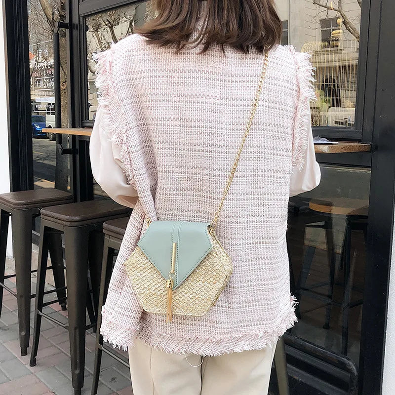 Hexagon Straw+leather Handbag