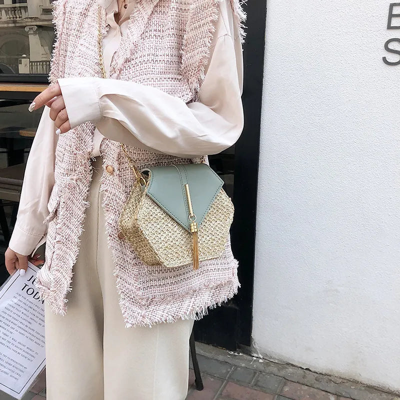 Hexagon Straw+leather Handbag