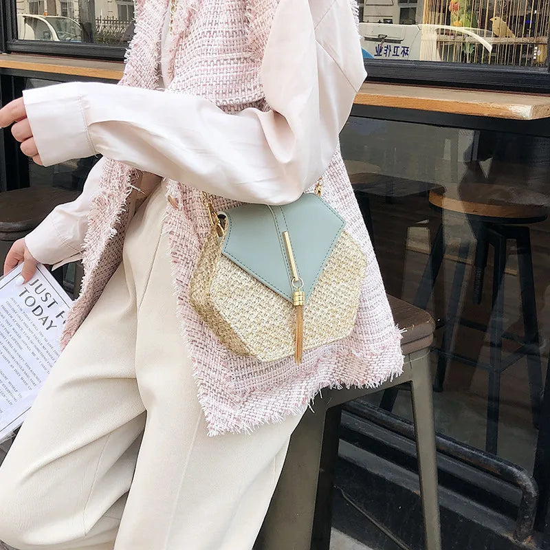 Hexagon Straw+leather Handbag