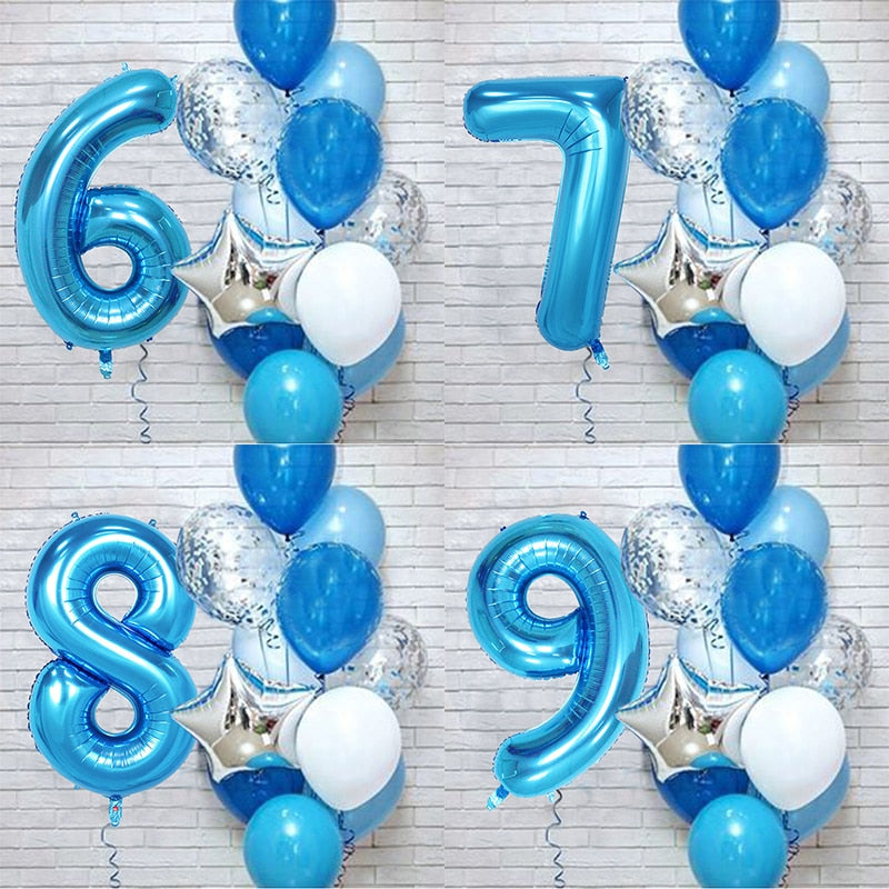 12Pcs/set Blue Number Foil Latex Balloons
