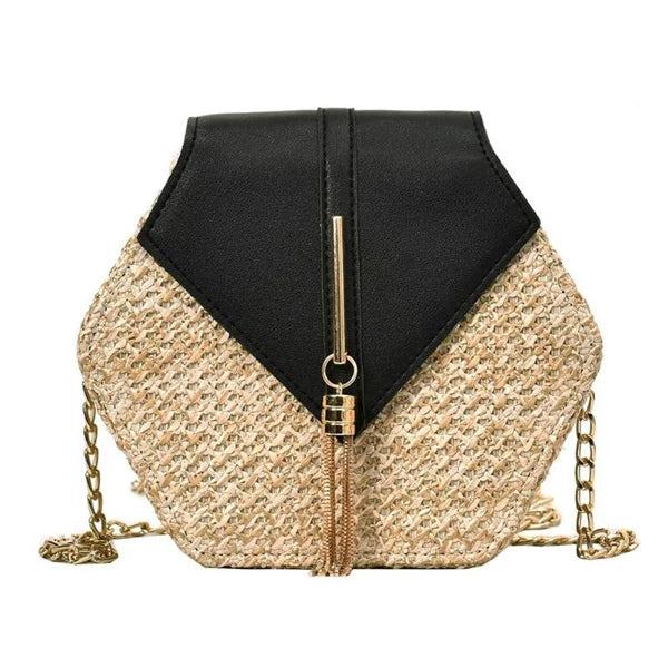 Hexagon Straw+leather Handbag