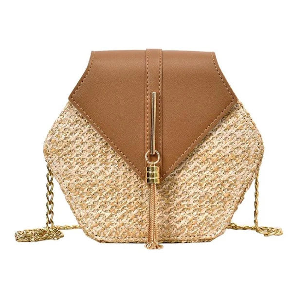 Hexagon Straw+leather Handbag
