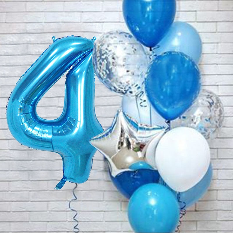 12Pcs/set Blue Number Foil Latex Balloons