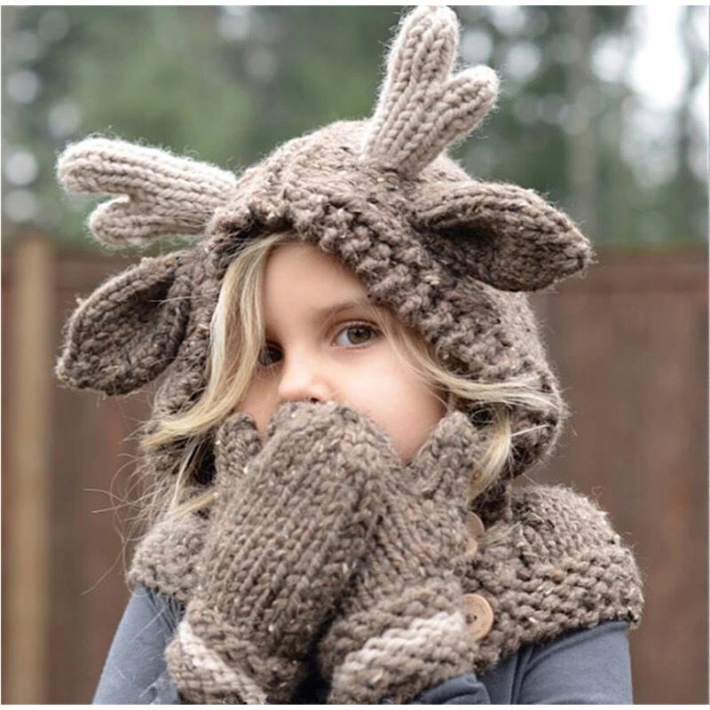 Girls Knitted Poncho Shawl Cape Cardigan With Gloves