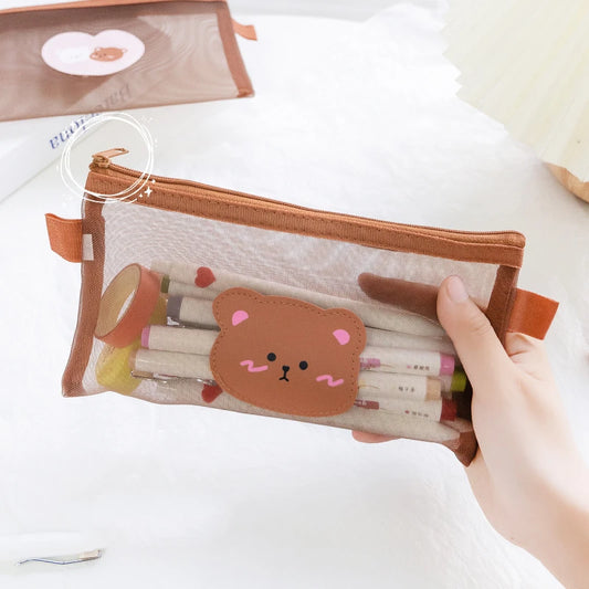 Cute Bear Transparent Mesh Pencil Case