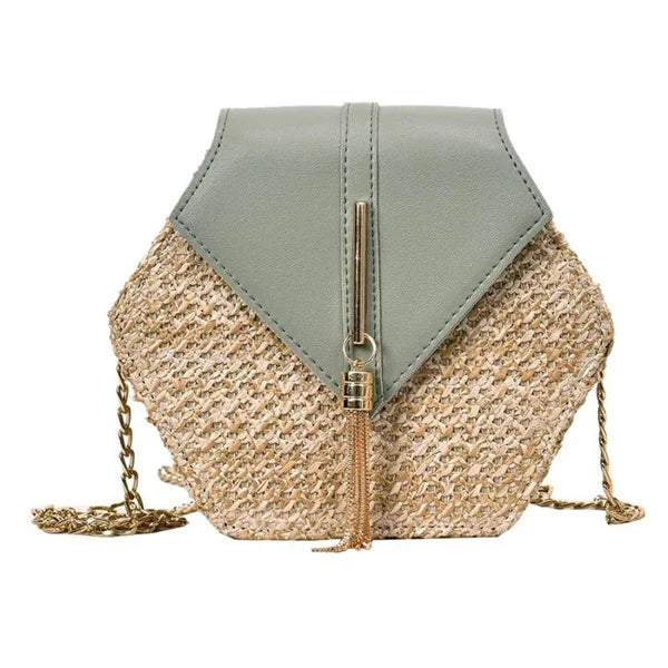 Hexagon Straw+leather Handbag