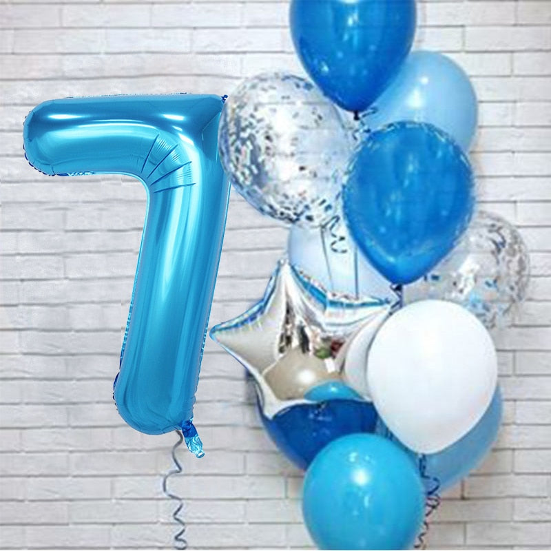 12Pcs/set Blue Number Foil Latex Balloons