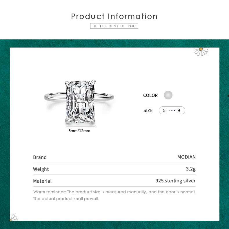 Solid 925 Sterling Silver Classic Rectangular Ring