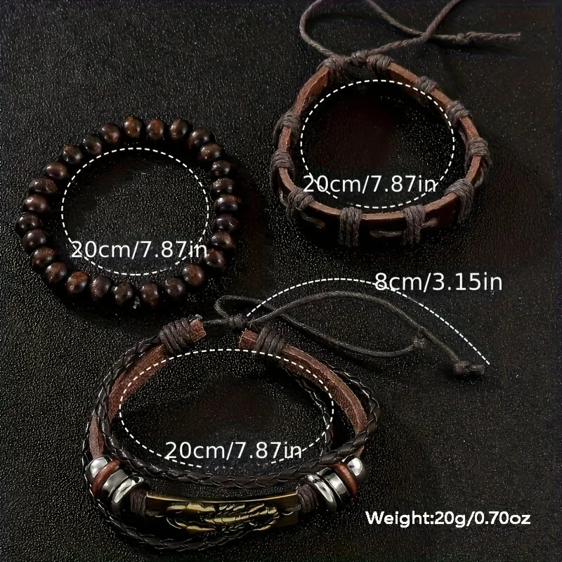 Men's Brown Leather Quartz Watch & Bracelet Gift Set