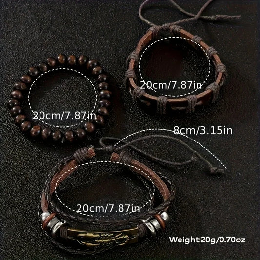 Men's Brown Leather Quartz Watch & Bracelet Gift Set