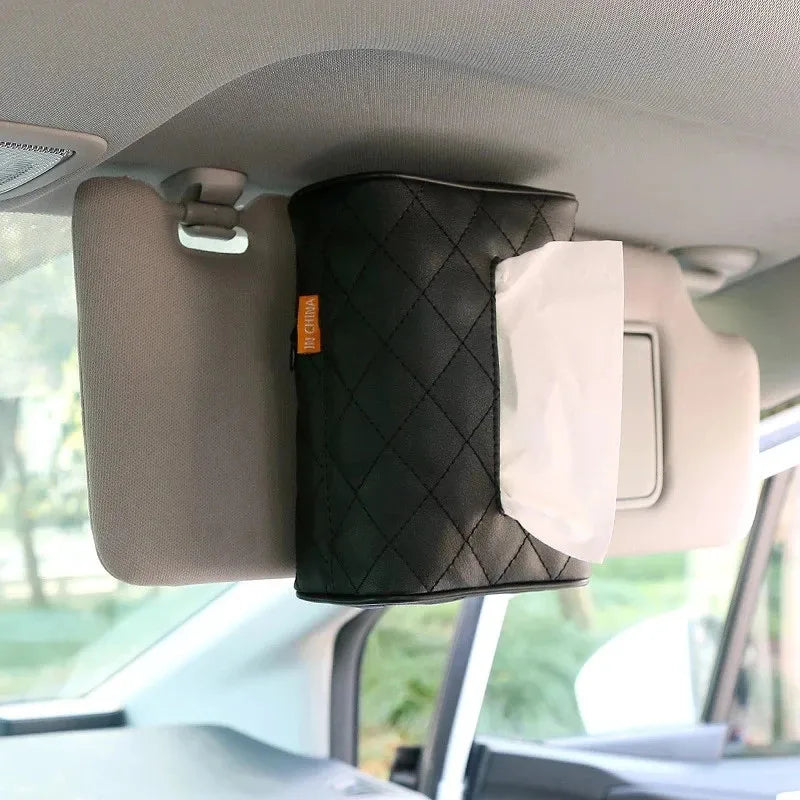 Solid Color Checkered Leather Car Wear-Resistant Tissue Box