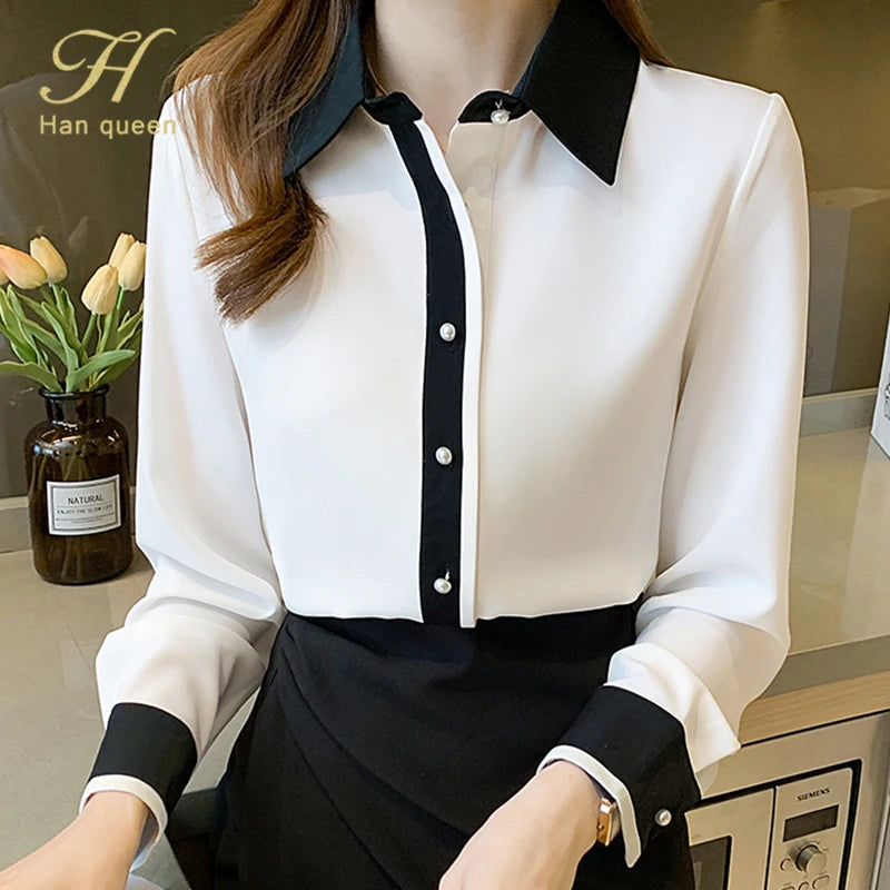 H Han Queen Single Row Pearl Buckle Office Blouse