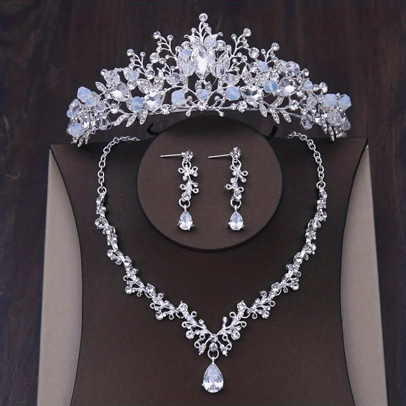 Bridal Crown Necklace Earrings Jewelry Set