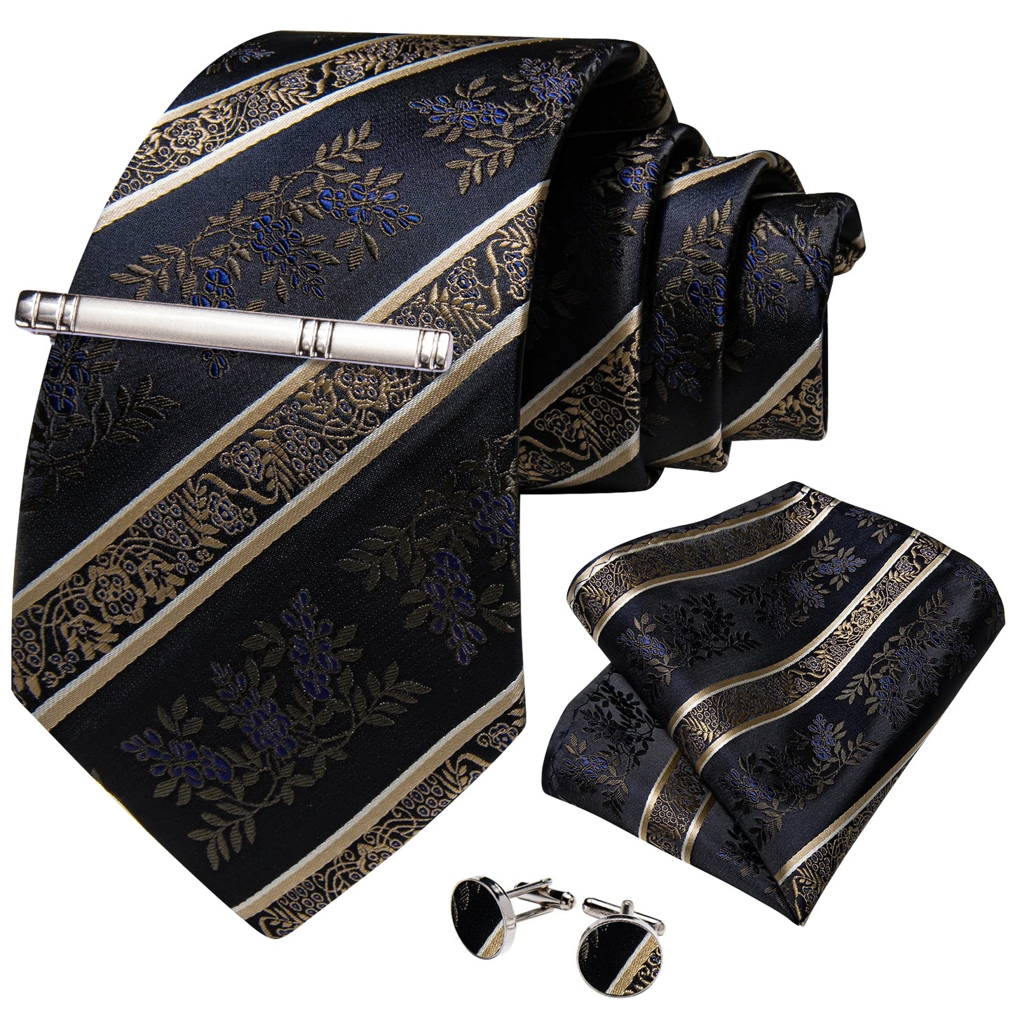 Men's Tie Set with Clip 8cm Necktie Handkerchief Cufflinks