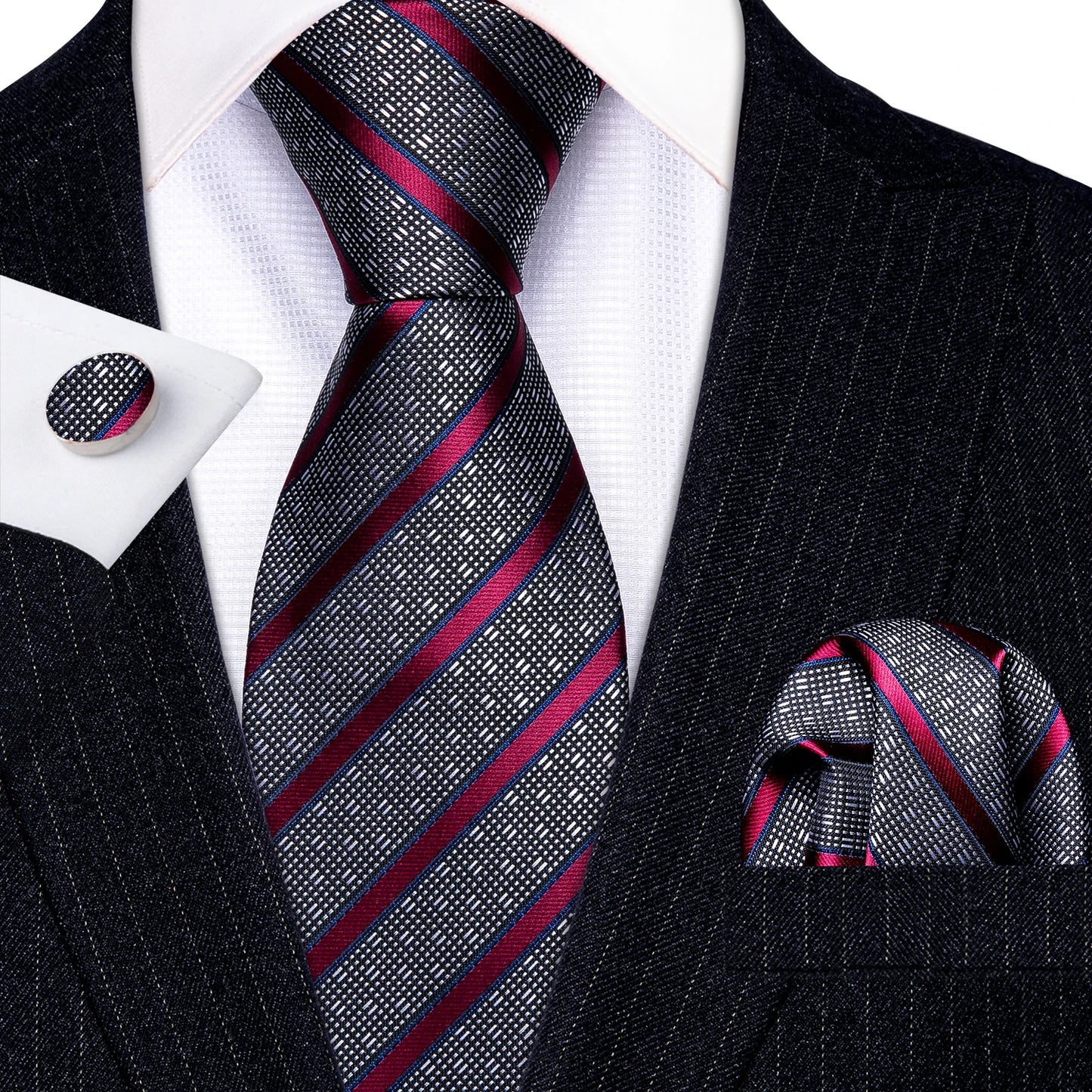Barry Wang Jacquard Striped Silk Men's Tie Pocket Square Cufflinks Set