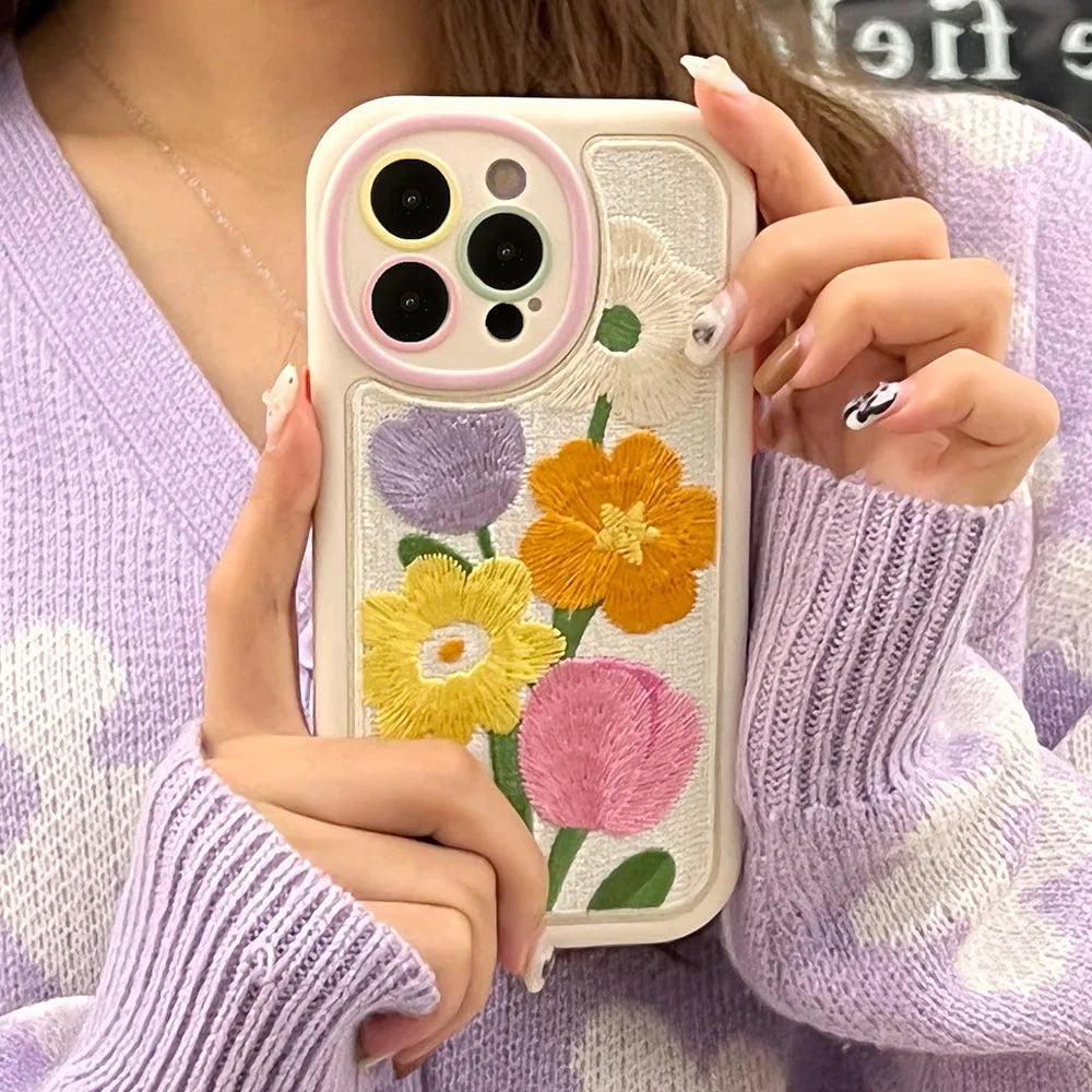 Embroidery Tulip Flowers Phone Mobile Phone Case For iPhone 14 13 12 11 Pro Max 15 Pro