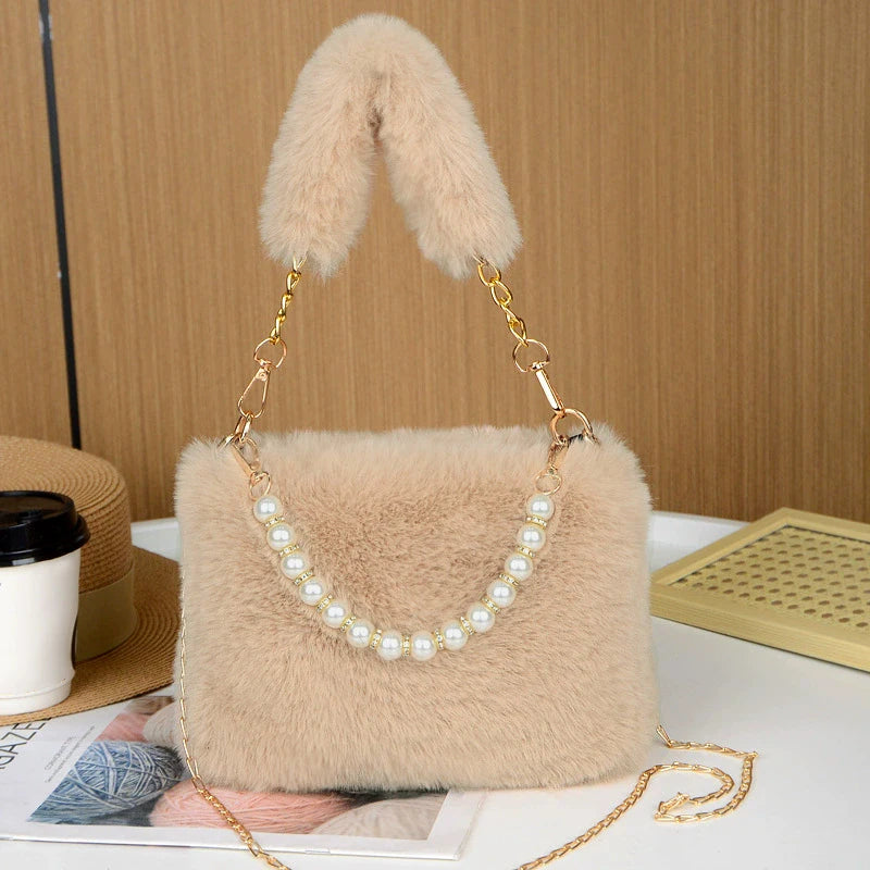 Faux Fur Pearl Chain Shoulder Bag