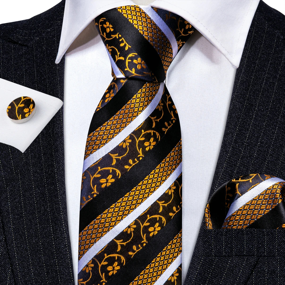 Barry Wang Jacquard Striped Silk Men's Tie Pocket Square Cufflinks Set