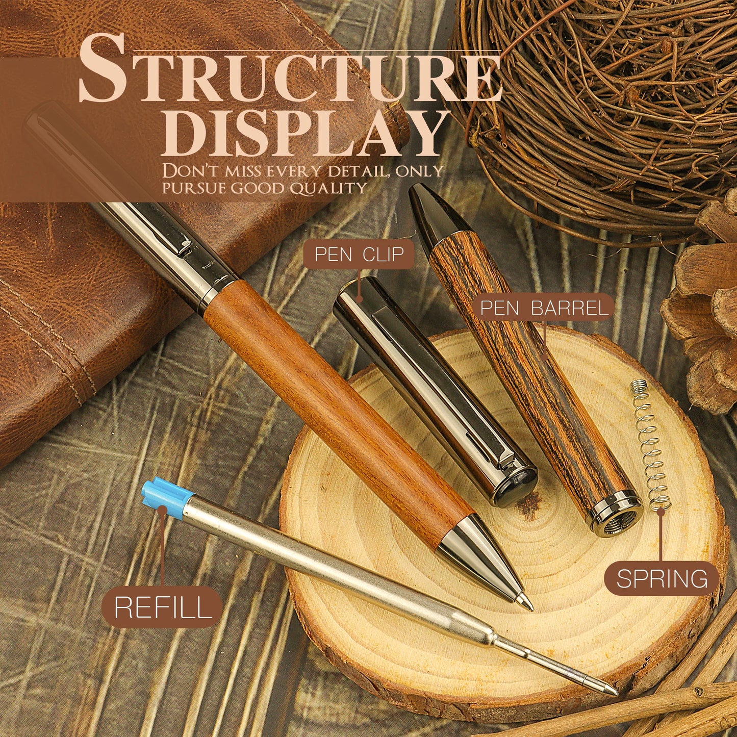 1/2 PCs with Box - Brown/Ebony Wood Grain Pen -