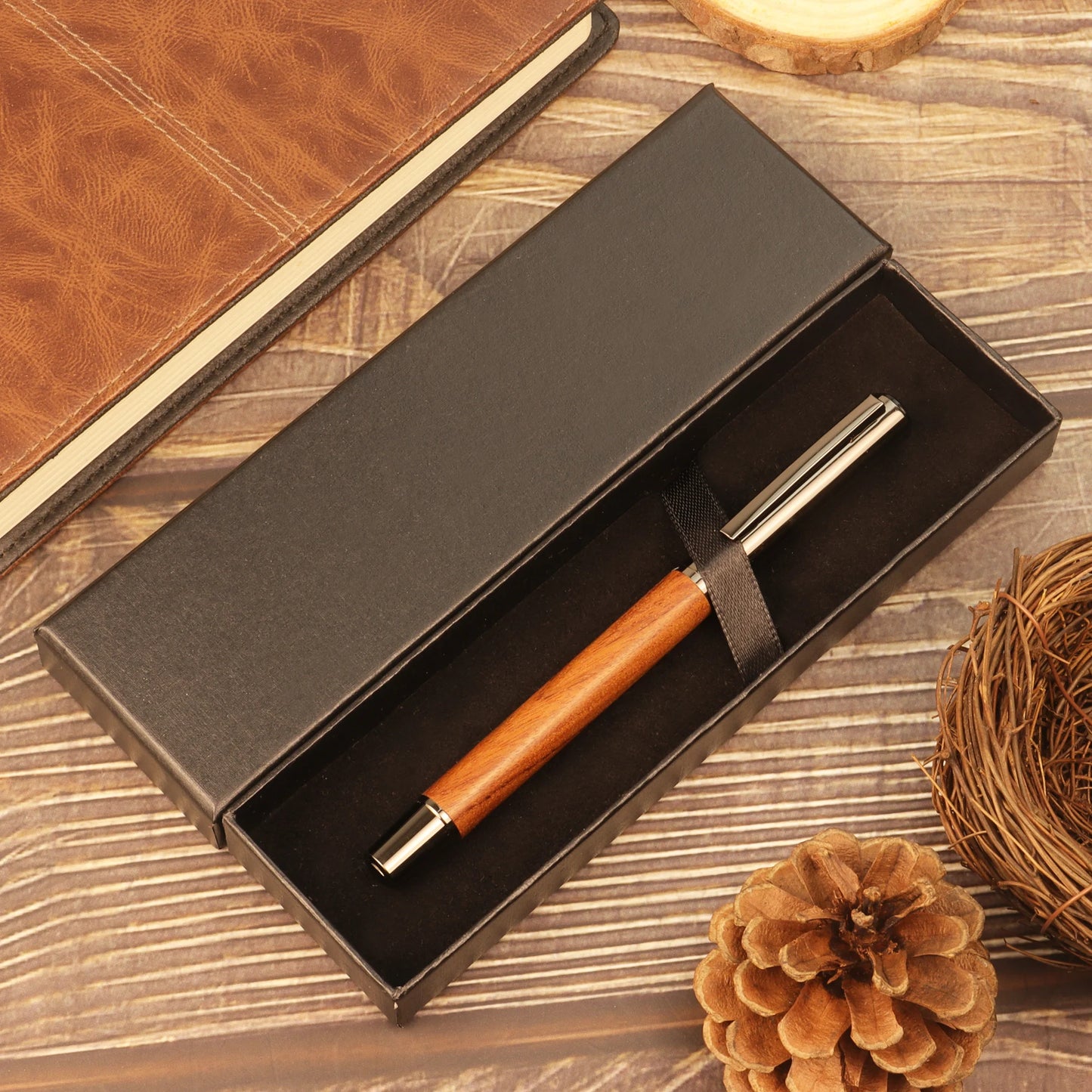 1/2 PCs with Box - Brown/Ebony Wood Grain Pen -