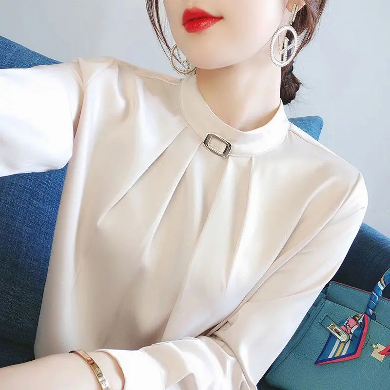 Solid Color Office Pleated Blouse