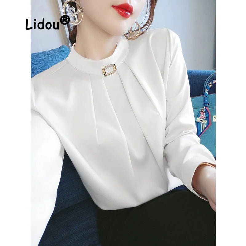 Solid Color Office Pleated Blouse