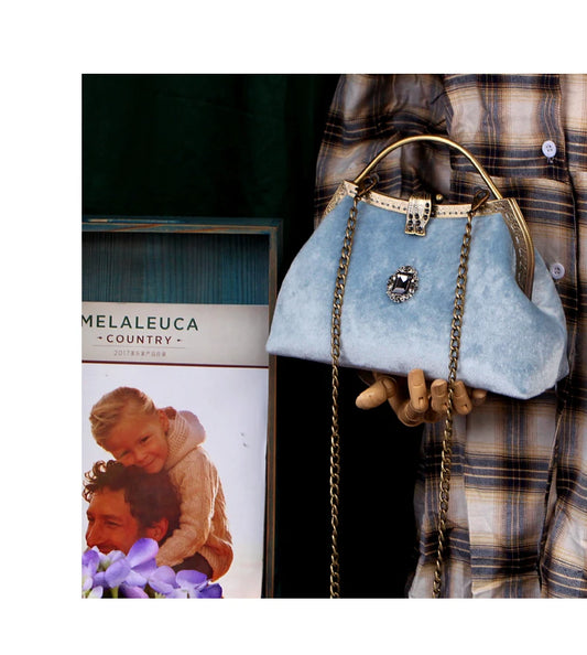 Vintage Aqua Velvet Clasp Evening Bag