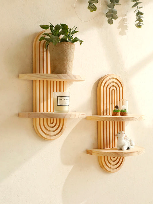 Geometric Wall-Mounted Display Shelf in Natural Wood