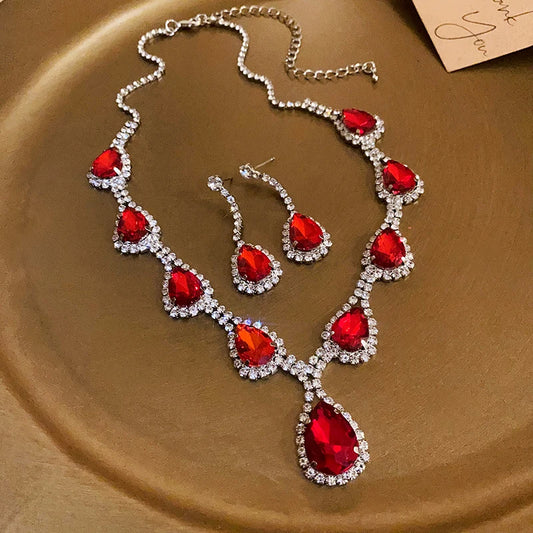 Red Rhinestone Necklace Earrings Set