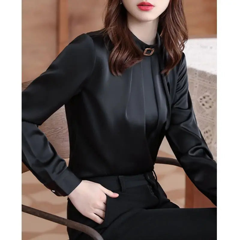 Solid Color Office Pleated Blouse