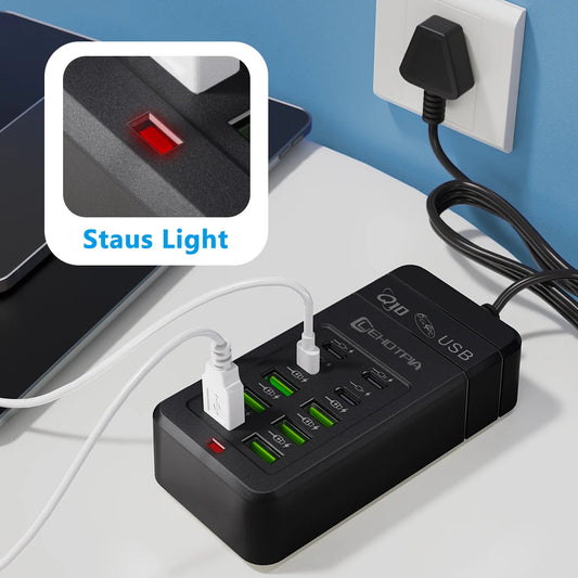 10-Port USB Charging Station with Multi-Plug Adapter