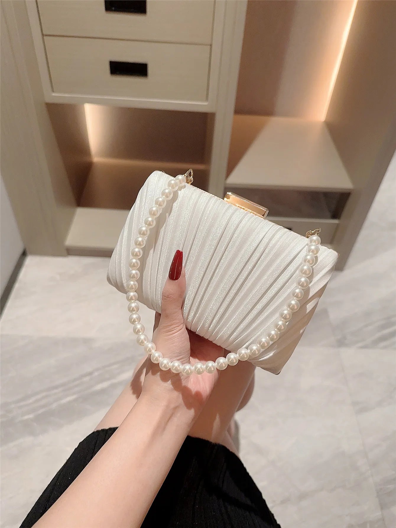 Pleated Design Satin Evening Clutch Bag