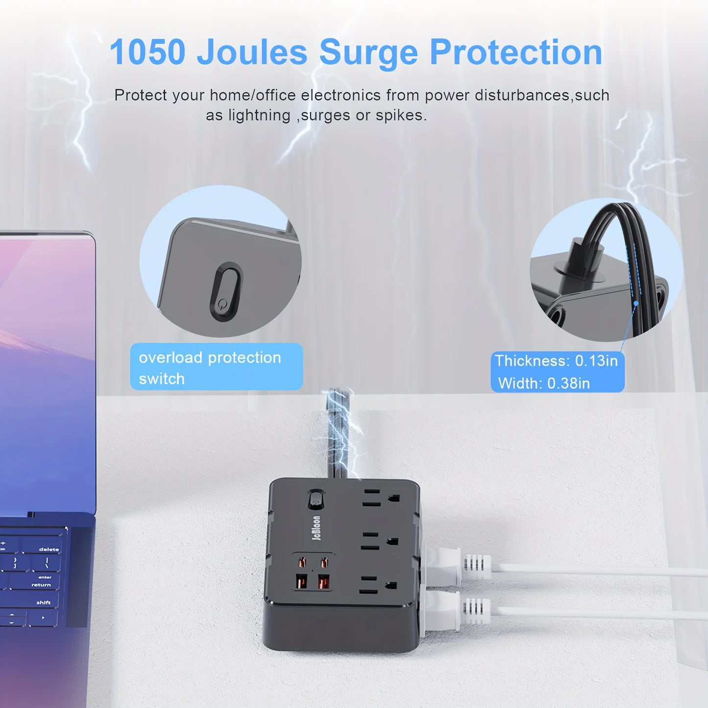 Ultra Thin US Power Strip with 6 Outlets & 4 USB Ports
