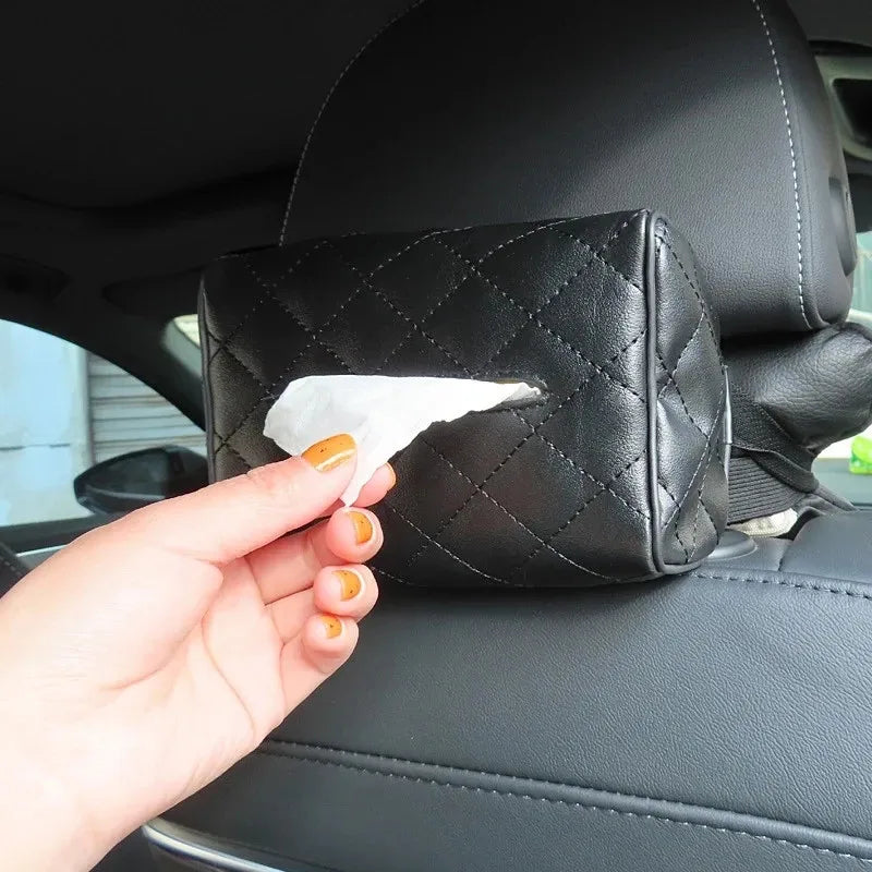Solid Color Checkered Leather Car Wear-Resistant Tissue Box