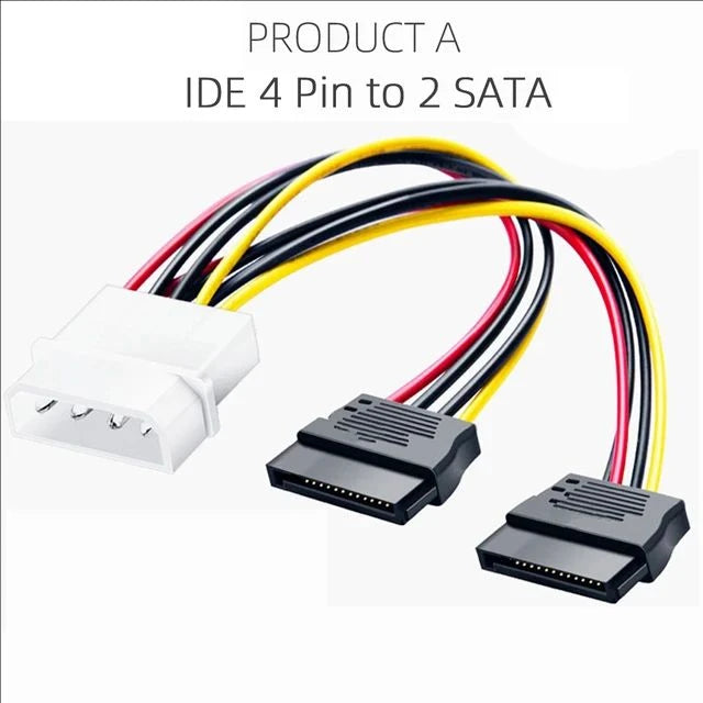 Dual SATA 15-Pin & 4-Pin Molex Power Splitter Cable for PC Hard Drives and SSDs